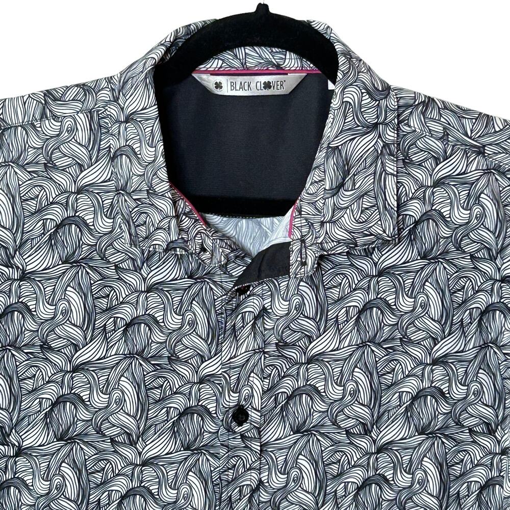 New Black Clover Button Up Short Sleeve Golf Shirt Black White Men Large NWOT - Picture 6 of 9